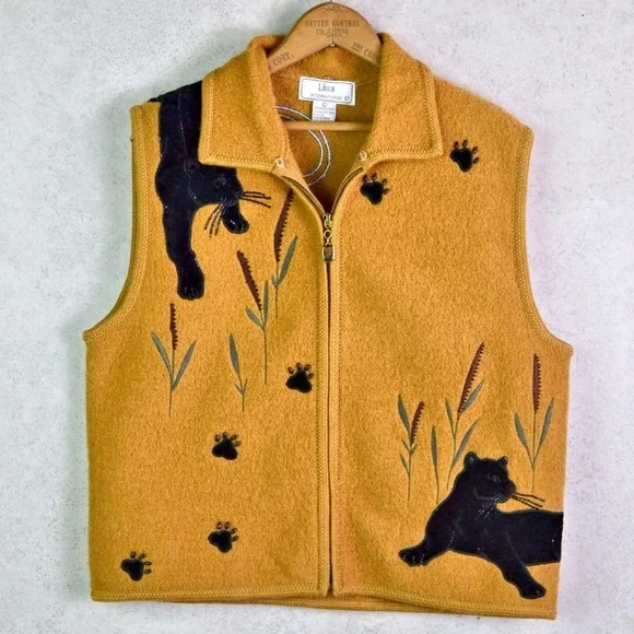 Lisa International VINTAGE Felted Zip Vest with Black Cat Embroidery - Picture 3 of 4